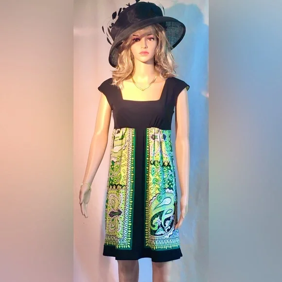 London Times black,green,paisley empire waist mini dress-Size 6-EUC. SUMMER FUN - Picture 2 of 13